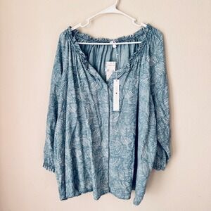 Intro Women 3X Blue White Wave Print Peasant Blouse 3/4 Sleeve NWT